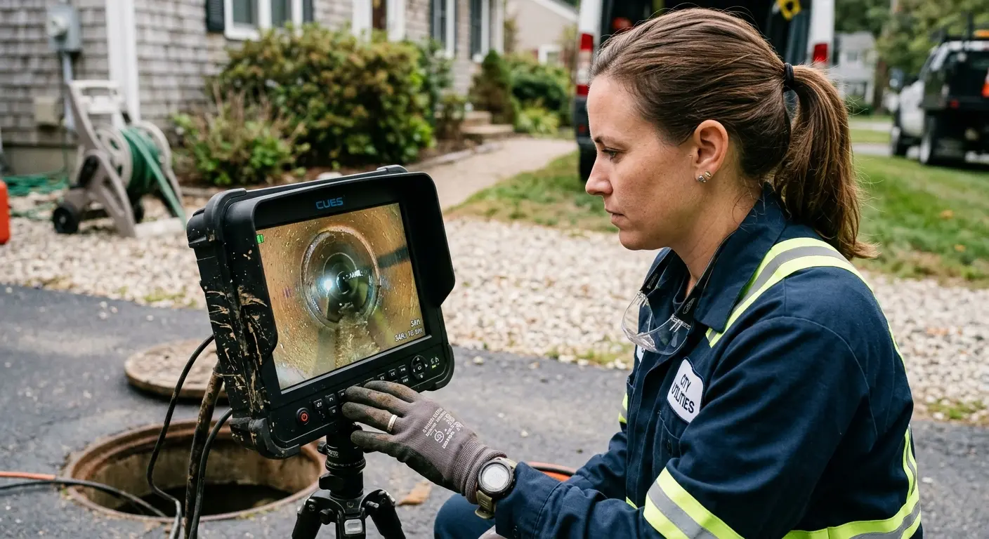 Technician reviewing sewer camera inspection footage in White Lake