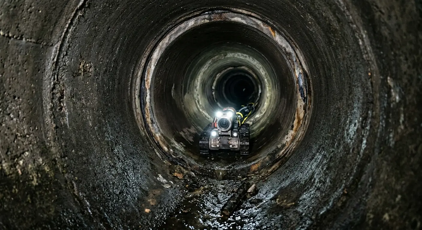 Robotic sewer camera inspecting pipe interior for Sewer Line Cleaning in White Lake
