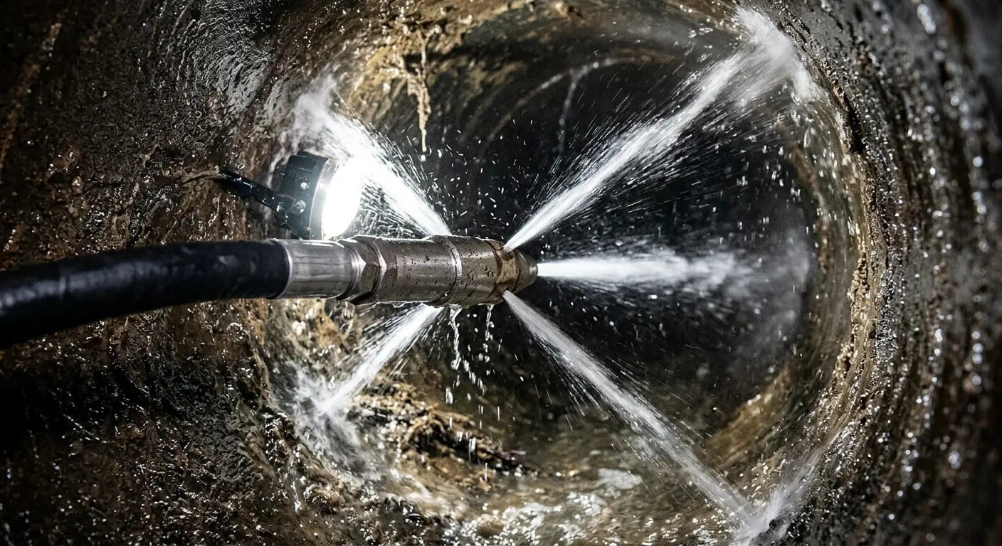 High-pressure hydro jetting nozzle cleaning sewer pipe for Sewer Cleanout in White Lake