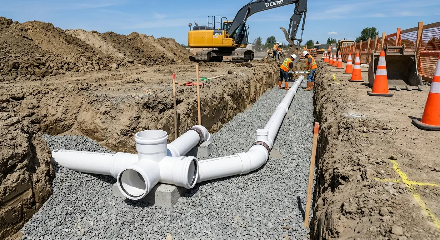 New PVC sewer pipe installation in open trench for Commercial Drain Cleaning in White Lake