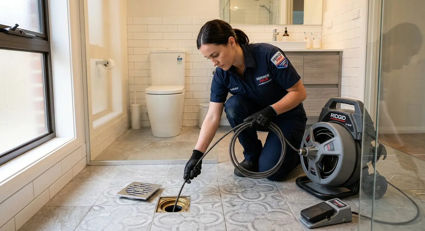 Technician clearing a bathroom floor drain for Drain Cleaning in White Lake